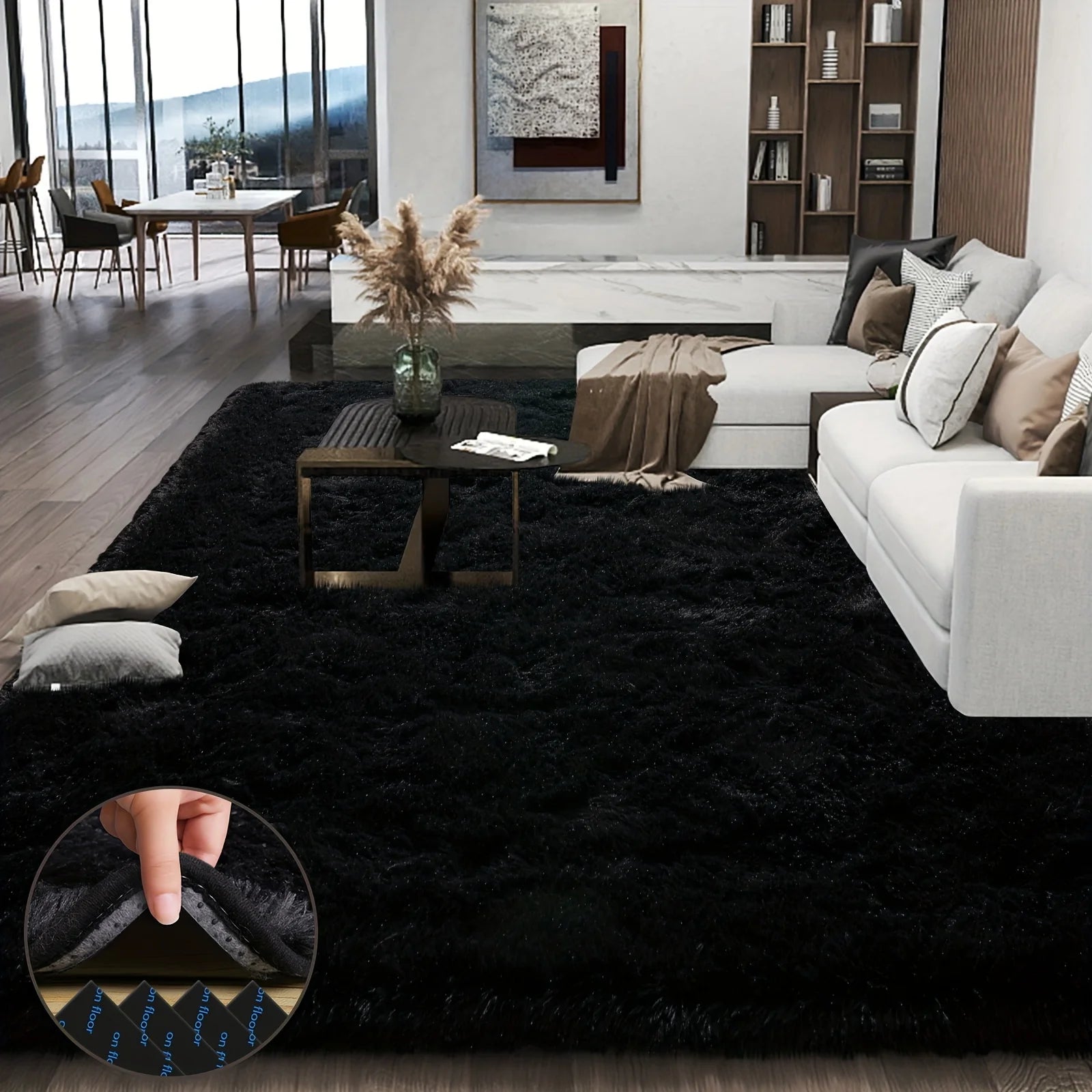 Large plush area home decor rug, black