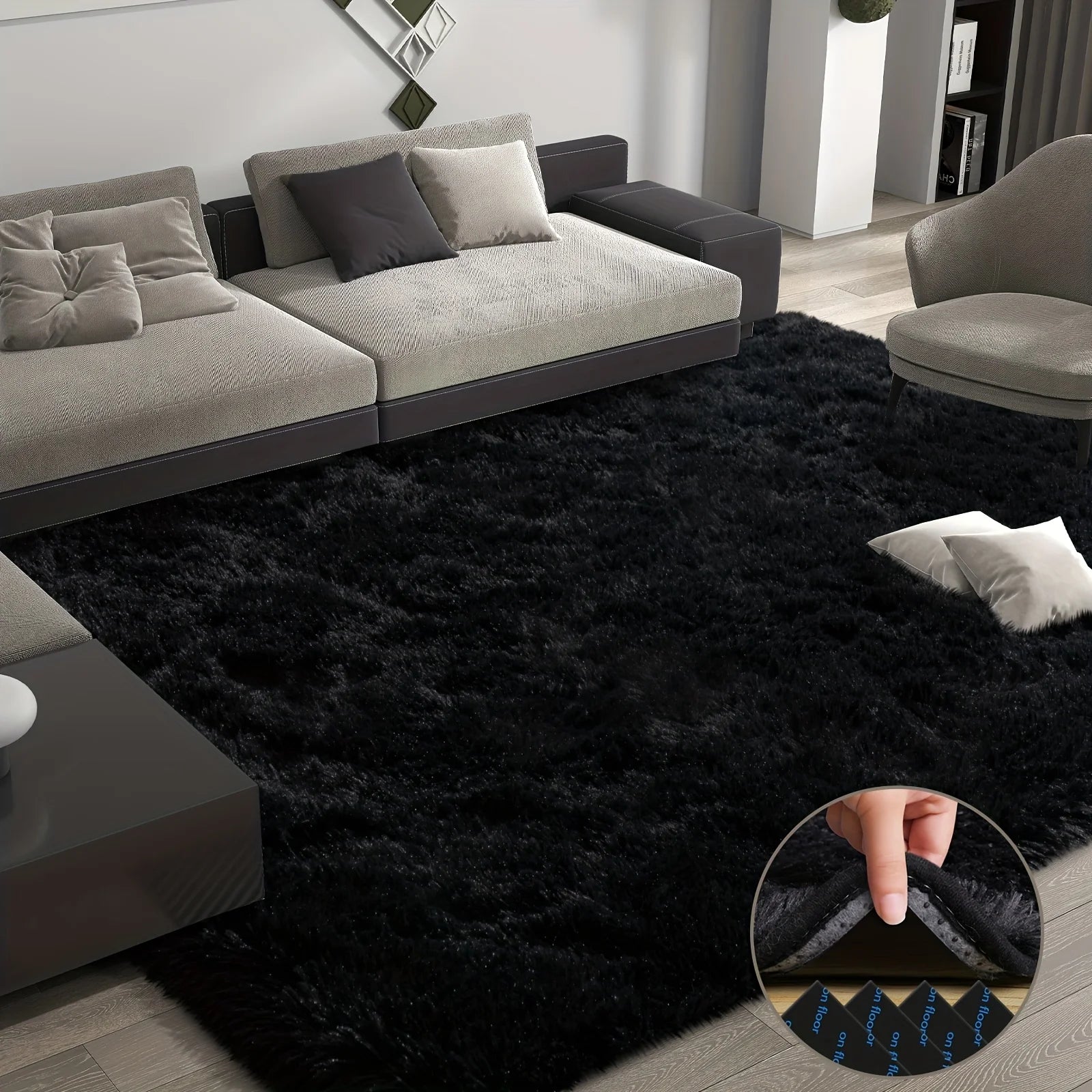 Large plush area home decor rug, black